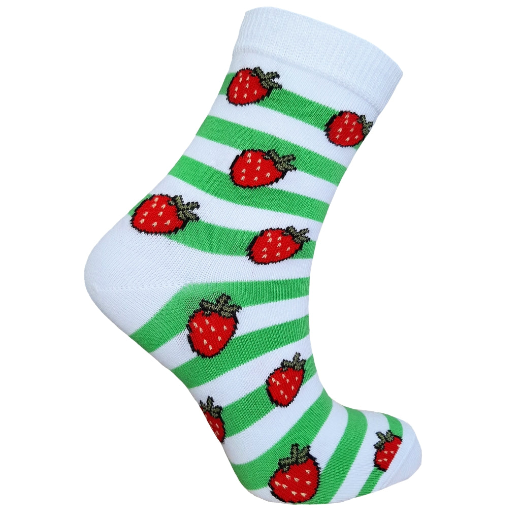 Chaussettes fantaisie motifs fraise à rayures vertes et blanches marque Cassepieds